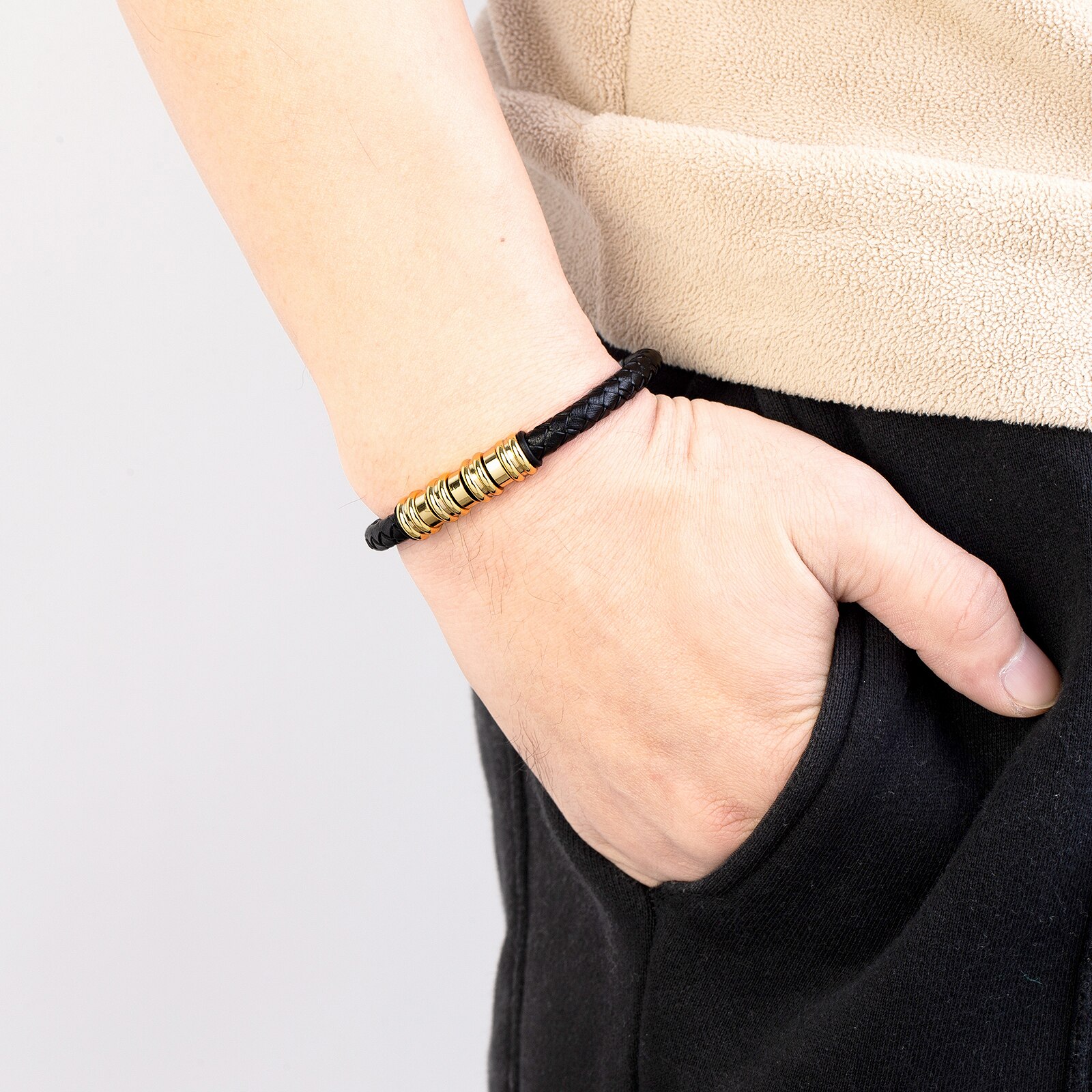 Yishucha Klassieke Stijl Eenvoudige Gevlochten Lederen Armbanden Voor Man Rvs Magnetische Armbanden Mode Mannen Sieraden