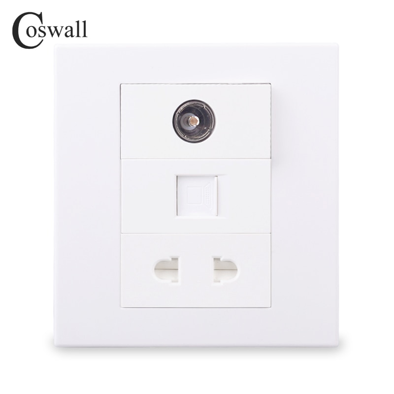Coswall Wall PC Panel 1 Gang CAT6 RJ45 Internet Computer Connector+ 1 Gang Female TV Jack + 2 Pin Universal Socket Modular