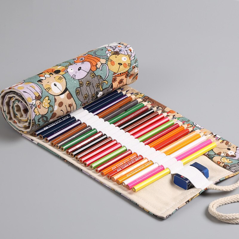 Kawaii Cat Roll Pencil Case Canvas 36/48/72/108 Holes School Pencilcase Penalty for Boys Girl Pen Bag Case Stationery Pouch: 108 Holes