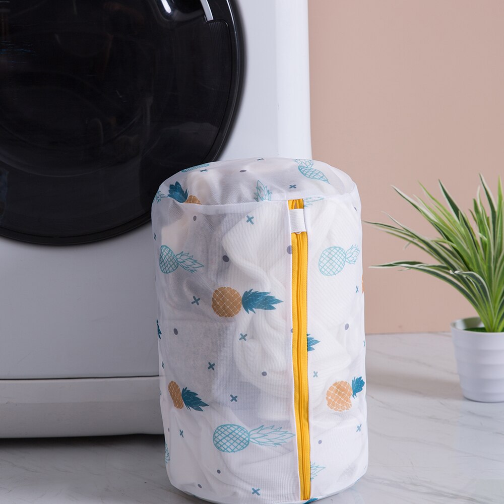 Pineapple Cactus Printing Zippered Mesh Laundry Bag Underwear Sock Washing Machine Polyester Washing Net Bag: Cylinder