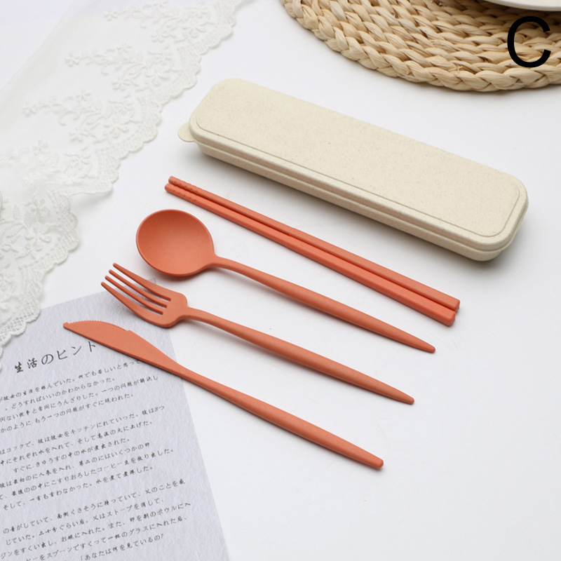 Wheat Straw Cutlery Set Cutlery Fork Spoon And Chopsticks Portable Cutlery Set Solid Color Storage Cutlery Set: C
