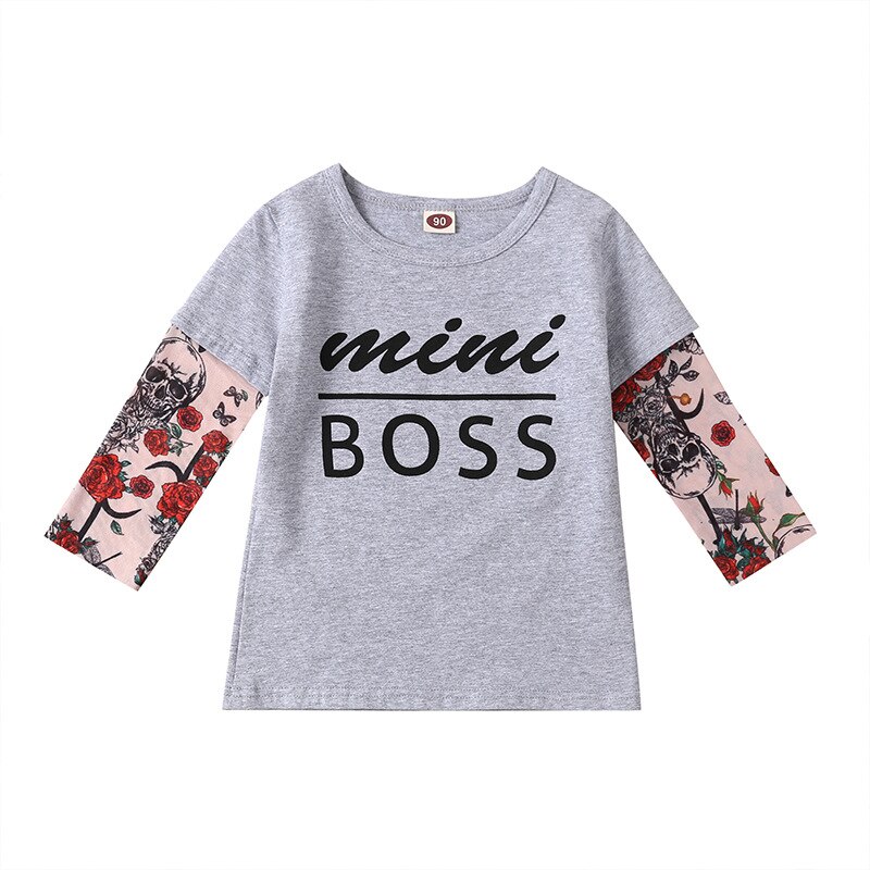 Nuovo cuciture moda Europee e Americane del tatuaggio di stampa dei ragazzi a maniche lunghe T-shirt in cotone per bambini camicia a maniche lunghe: gray / 5T