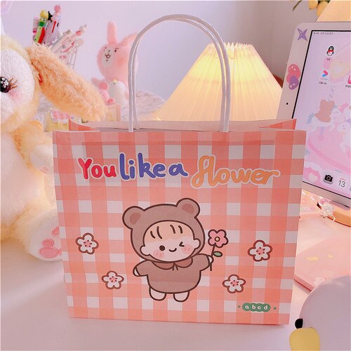 3pcs/lot Grid girl Bags Kraft Packaging Handle Paper Storage Bag for Wedding Candy Favor Bag With Handle Bag: Pink flower girl