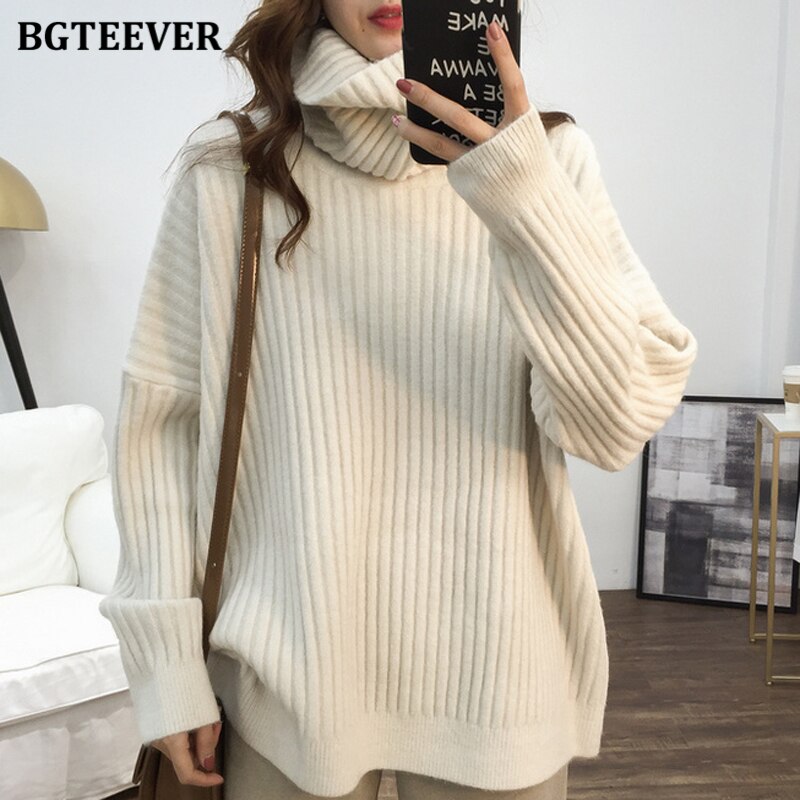Bgteever Elegante Losse Coltrui Thicken Vrouwen Trui Mode Lange Mouw Vrouwelijke Trui Truien Winter Breien Trui