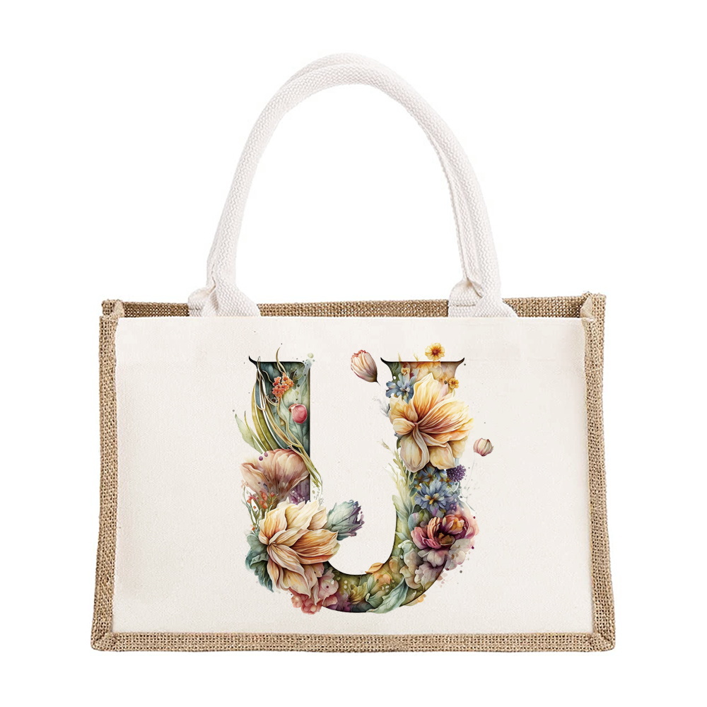 Sac à bandoulière en lin de grande capacité, sac de Shopping pour femmes, motif imprimé de lettres florales, sac d'imitation de Jute: Lavande