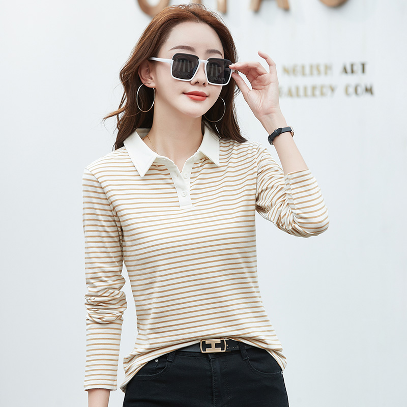 Spring Long Sleeve Striped Polo Shirt Women Cotton Stretch Summer Autumn Knitted Polo T-shirt For Women
