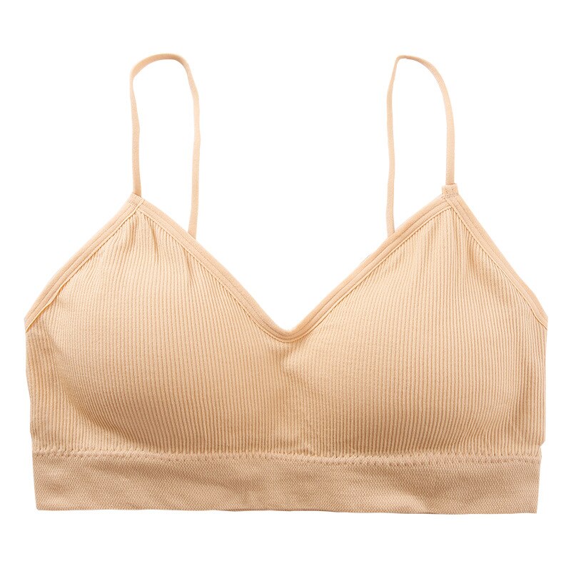 7 kleuren v-hals dames bh onderkant draad brei bh spaghettibandjes ondergoed zonder beugels gewatteerde naadloze topjes: Huid