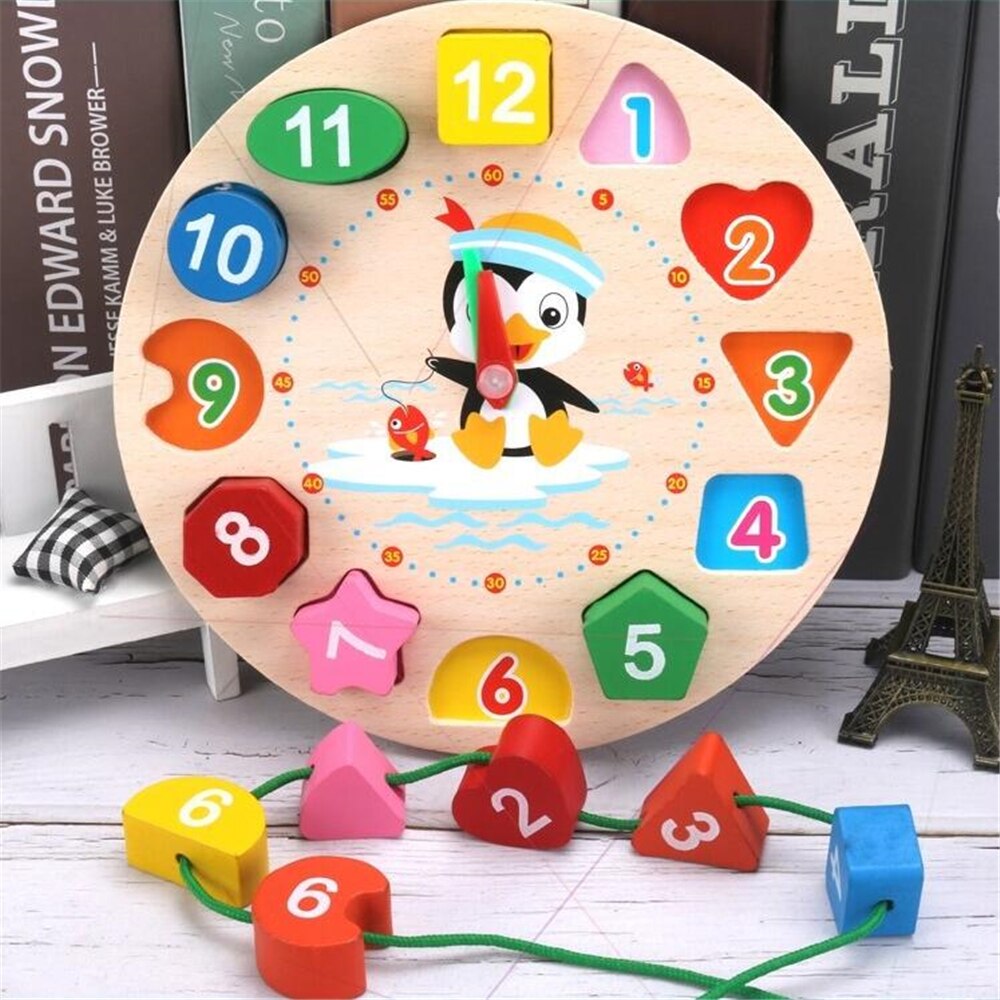 Kids Early Educational Wooden Clock Puzzle Cartoon Animal Shape Tangram Cognitive Digital Clock Assembly: B