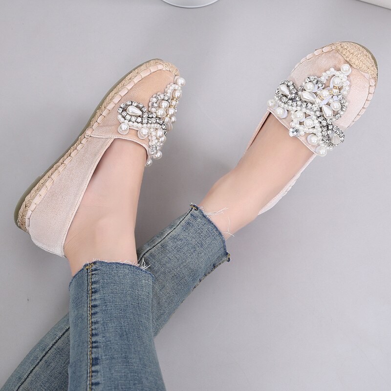 Espadrilles perlées perles décoration oxfords appartements dames or velours cristal pêcheur chaussures grande taille paille tricot creepers