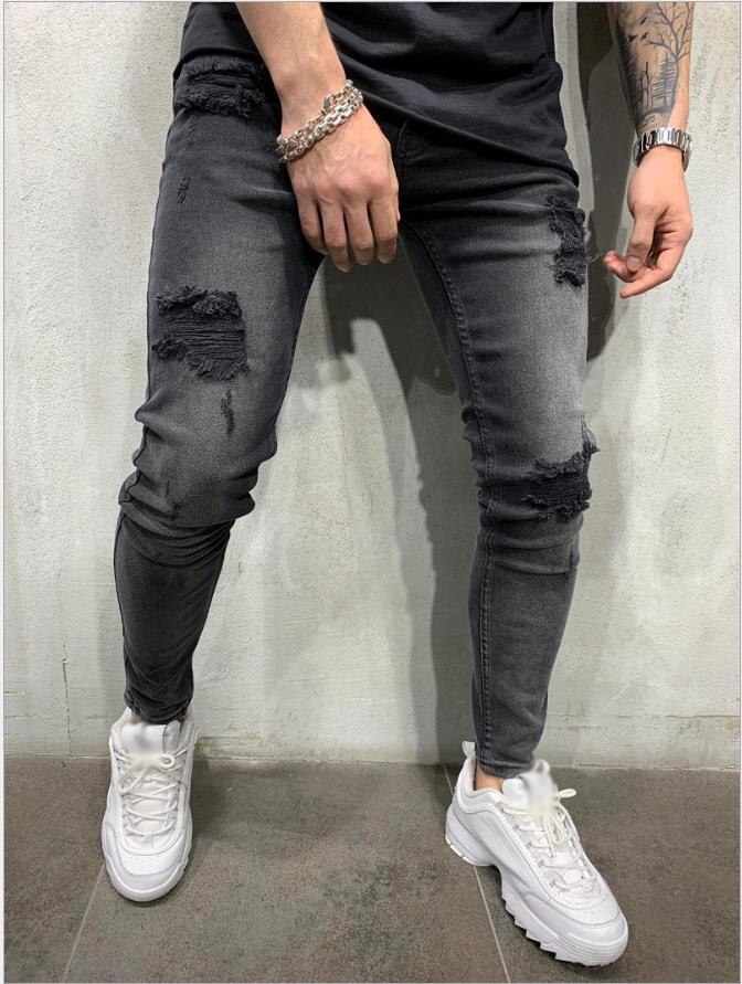 The locomotive Jeans Trousers Men Pencil pants Men's Skinny Stretch Denim Pants Distressed Ripped Freyed Slim Fit