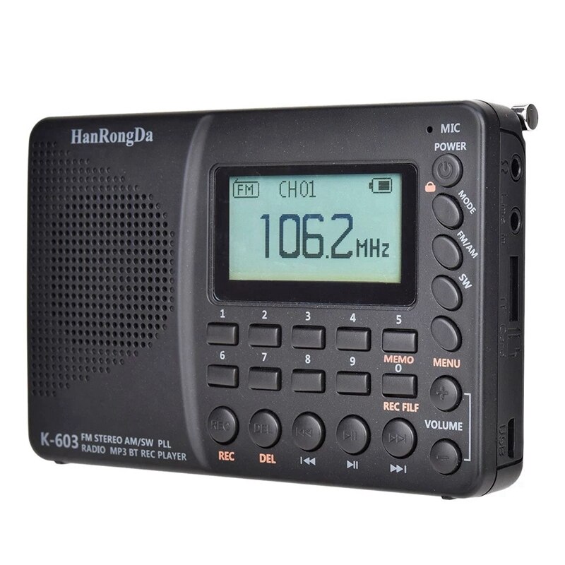 HRD-603 Portable Radio AM/FM/SW/BT/TF Pocket Radio USB MP3 Digital Recorder Support TF Card Bluetooth
