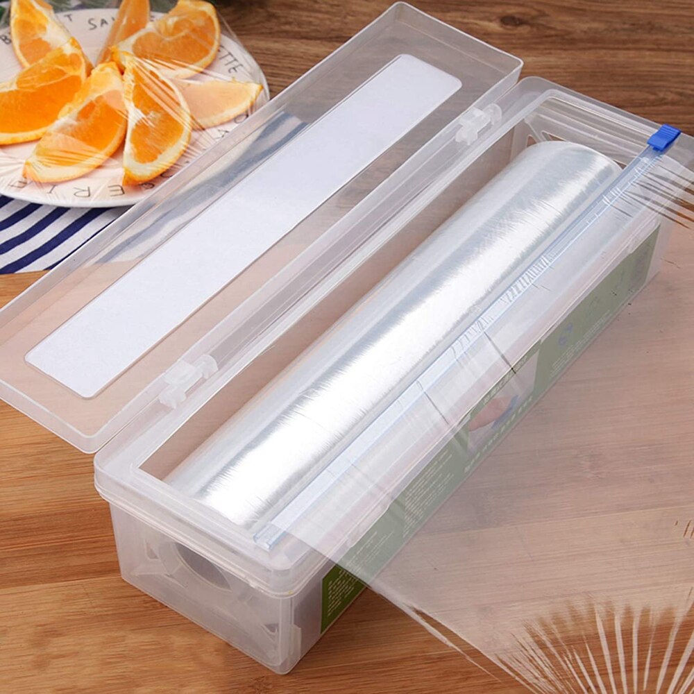 Plastic Food Wrap Dispenser With Slide Cutter Adjustable Cling Film Cutter Preservation Foil Storage Box With Suction Bottom