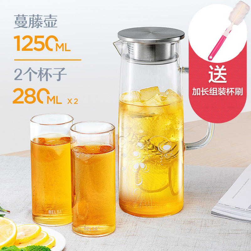 Glas Krug mit Deckel Obst Infusion Eis Tee Krug Heißer Kalten Wasser Borosilikatglas krug Wärme Beständig glas BPA freies: 1.25L Reben Krug 2Tasse