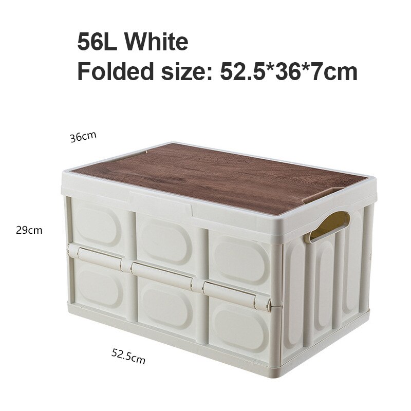 30L 56L Outdoor Plastic Folding Storage Box With Wooden Lid For Travel Organizer Car Sundries Food Container Lunchbox Fiambrera: White 56L