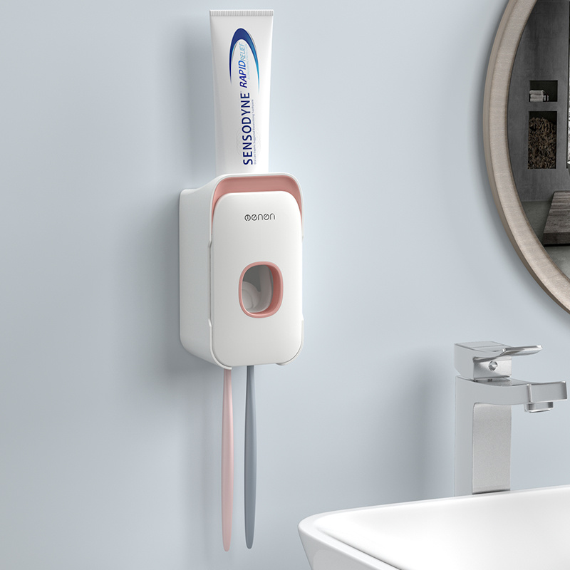 Gevvnss Wandmontage tandenborstelhouder met dubbele automatische tandpasta dispenser 3 kopjes en lade voor badkamer