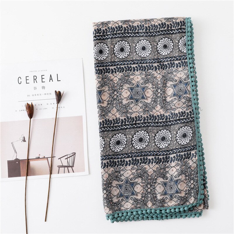 Sparsil-foulard en coton et lin femme | Longue écharpe, imprimé floral, court gland doux, enveloppes d'été, Protection solaire, échalotes de plage: 5Folk Custom Black