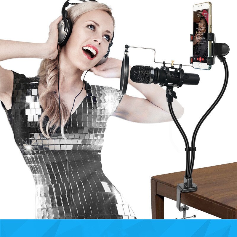 Micrófono de karaoke para teléfono móvil MV, soporte en vivo, soporte de micrófono para escritorio