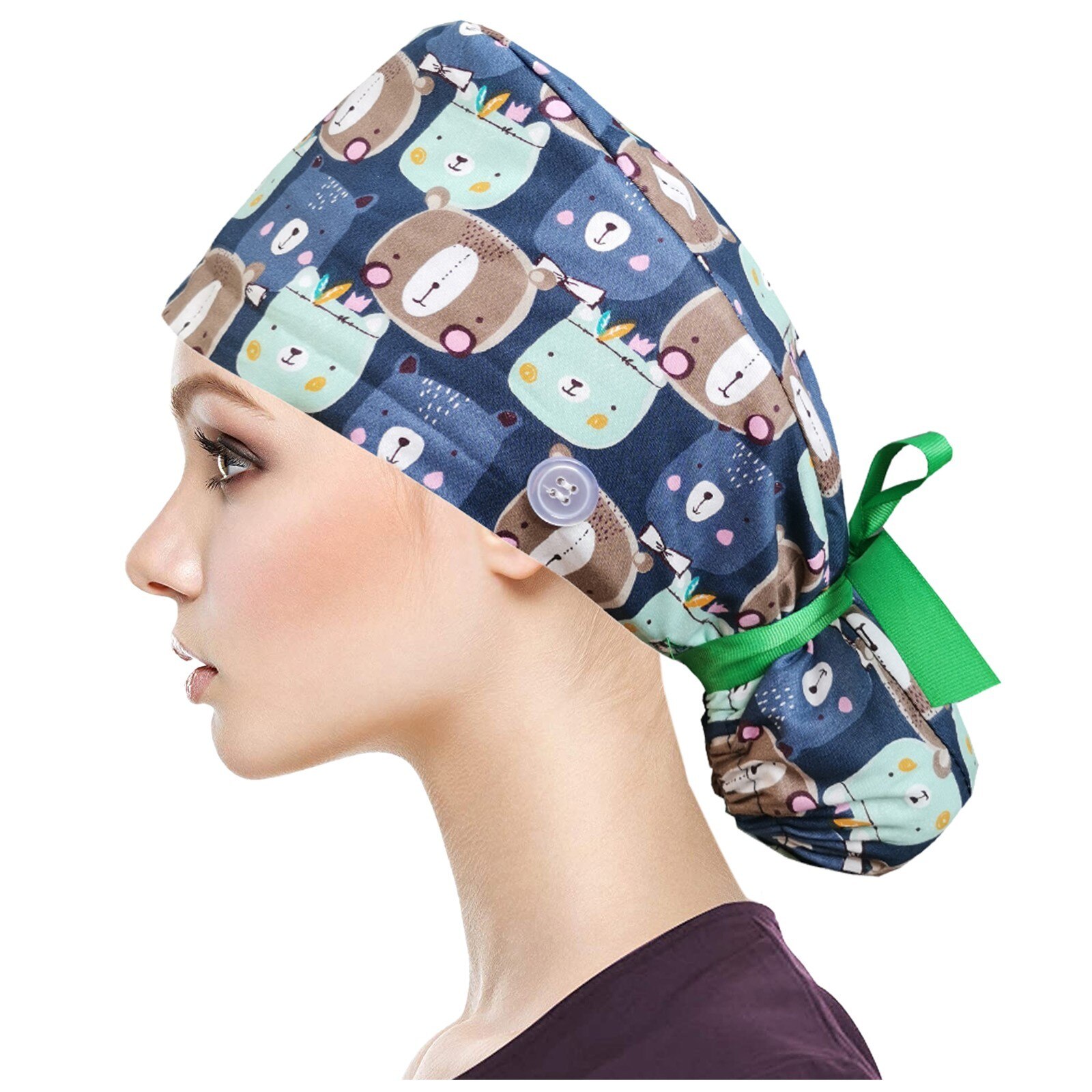 25# 3PC Unisex Adjustable Working Nursing Cap gorro quirófano Button Long Hair Sweatband Hat nurse Cap Cartoon print Gourd hat: N
