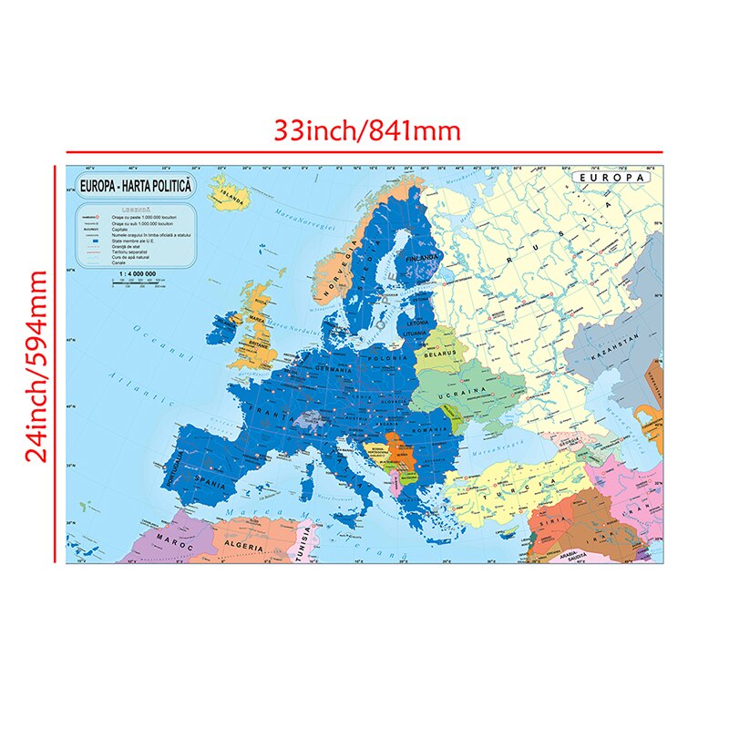A1 Size Europe Map Canvas Painting 84x59cm Romanian Map of Europe Wallpaper Wall Poster for House Living Room Decoration