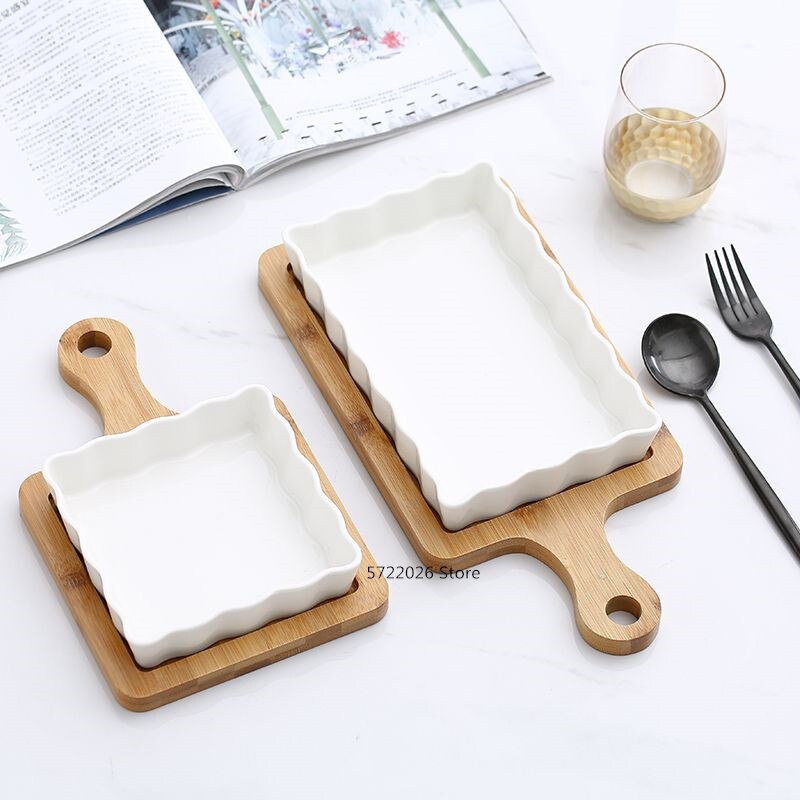 white ceramic baking tray household rectangular tray fruit tray kitchen cheese baked rice bowl natural bamboo wood tray