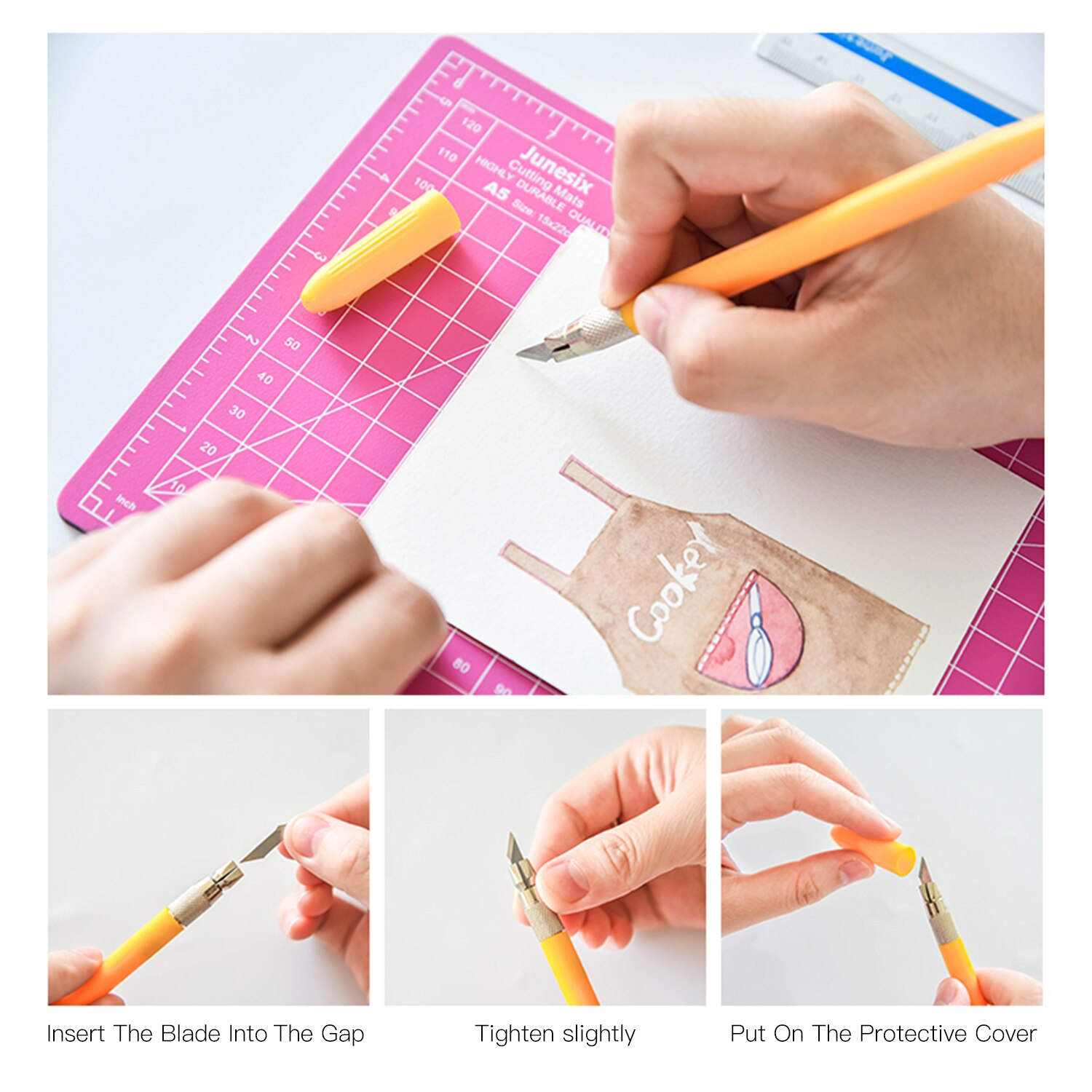 Juego de tapete de corte A5, placa de corte autocurativa artesanal, placa de grabado con regla de corte, 12 cuchillas de repuesto para manualidades DIY