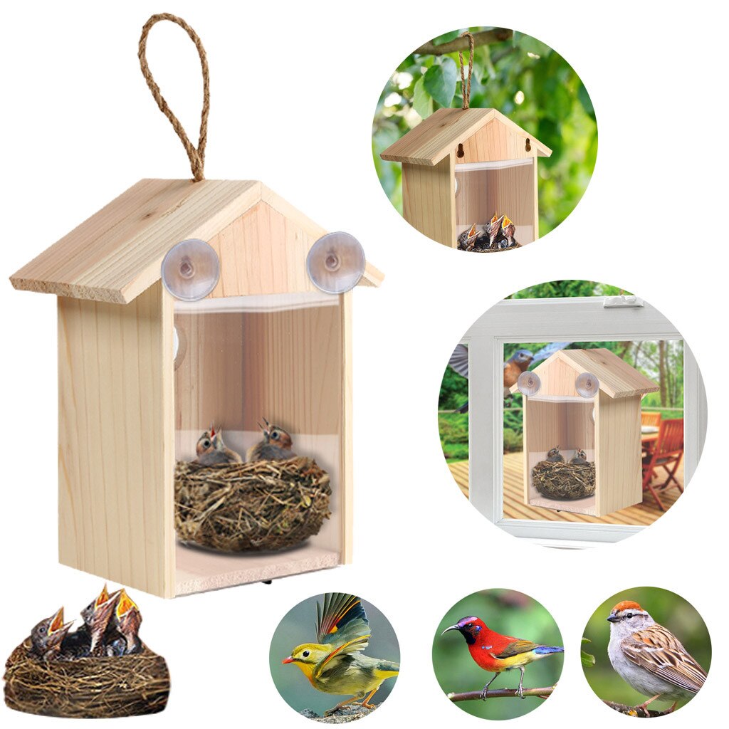 Hout Vogelnesten Outdoor Zuignap Zichtbaar Vogel Huis Tuin Venster Vogelhuisje Wilde Vogels Voeden Dispenser Voedsel Container Huis