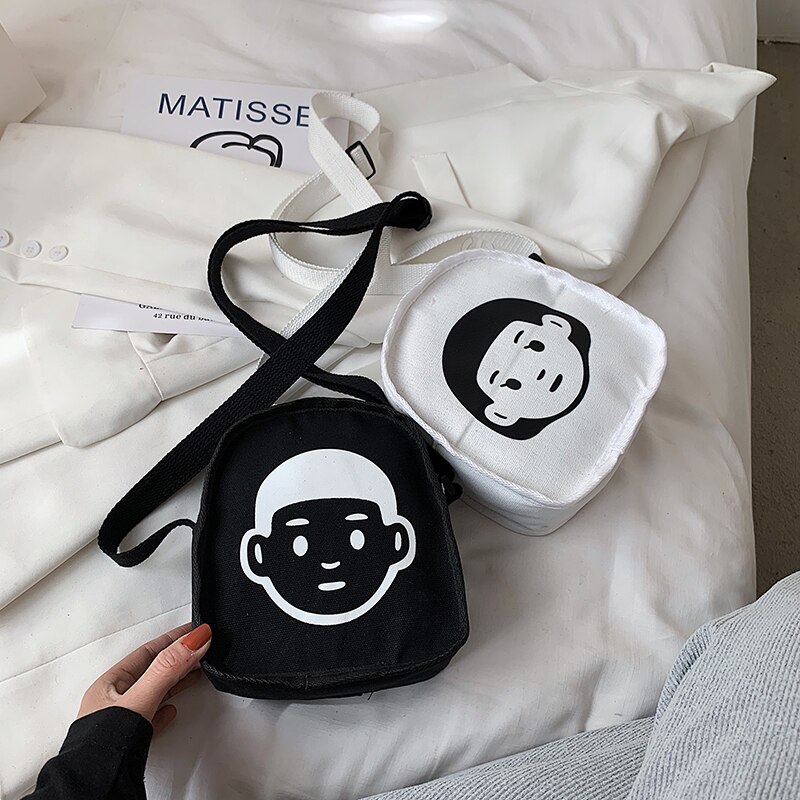 Adolescentes moda caráter padrão mini bolsa de lona alça larga bolsa de ombro para mulheres estilo japonês aleta casual sacoche homme