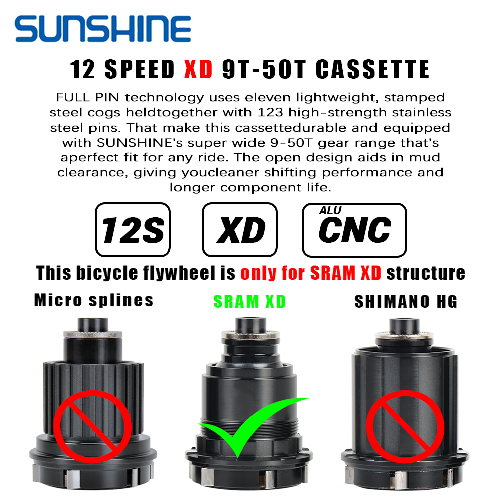 SUNSHINE XD estructura Cassette de bicicleta 12 velocidades 9T-50T rueda libre de bicicleta de montaña negra 12V para Sram XD freehub GX EAGLE XX1 X01