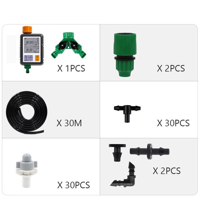 Automatic Micro Drip Irrigation System Garden Irrigation Spray Self Watering Kits with Adjustable Dripper: 30M And Timer