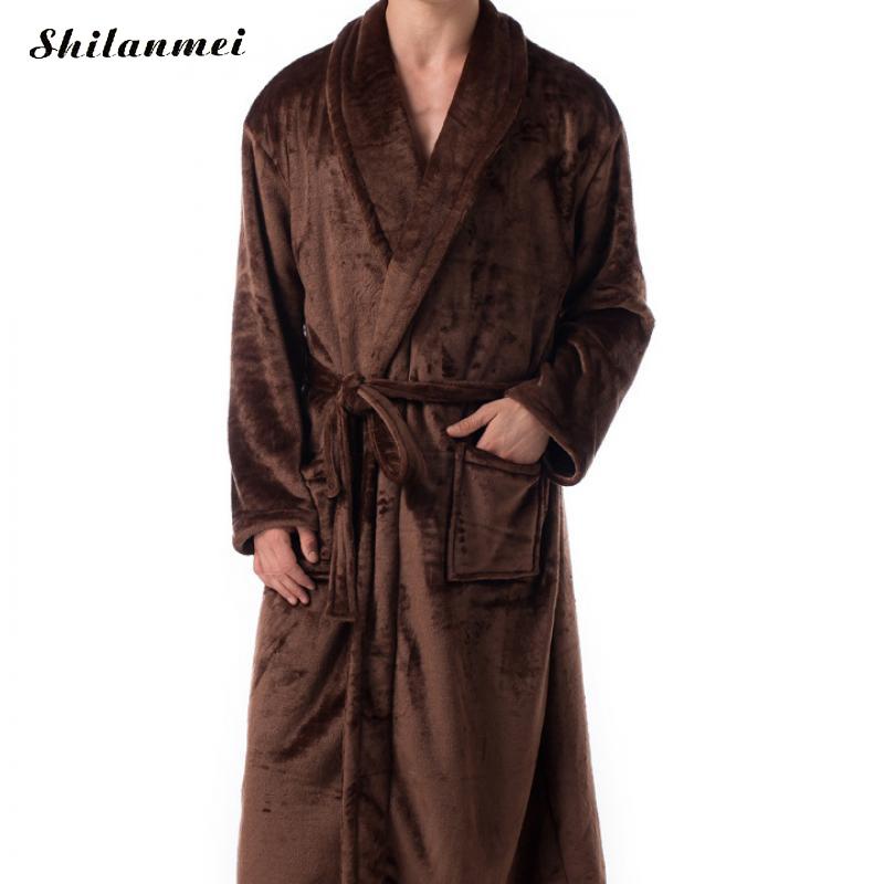 Afslappet mandlig morgenkåbe herre badekåber langærmet revers krave herre flannel morgenkåbe med bælte plys kimono varm mandlig badekåbe frakke