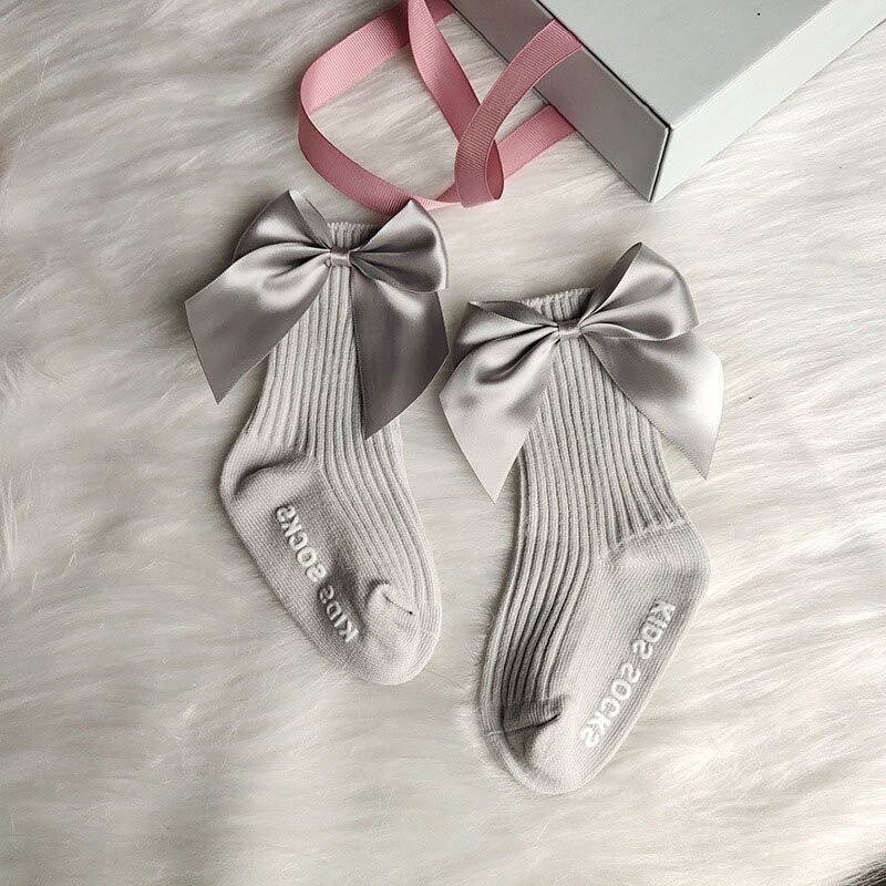 Leuke Big Bows Baby Sokken Effen Kleur Antislip Kids Meisjes Sokken Zachte Katoenen Gebreide Baby Peuter Sokken 0-12 Maanden: grey / 0-6M