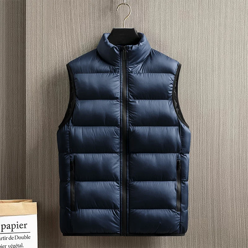 Herre dunvest i bomull lett, avslappet høst-vinterjakke tynn, varm vest med ståkrage for middelaldrende og unge menn
