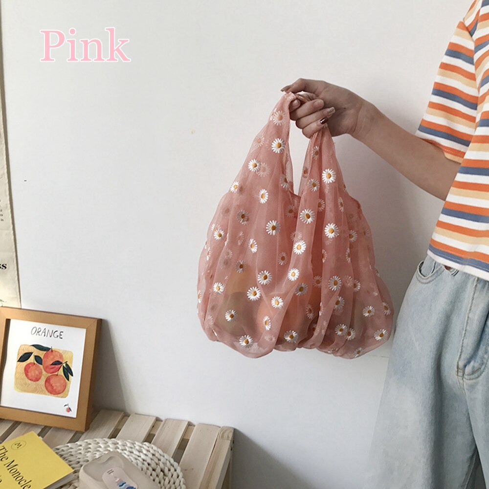 Handmade Flower Embroidery Hand Bag Women Casual Shopping Tote Mesh Handbags Lady Travel Handbags Fast: 2-pink
