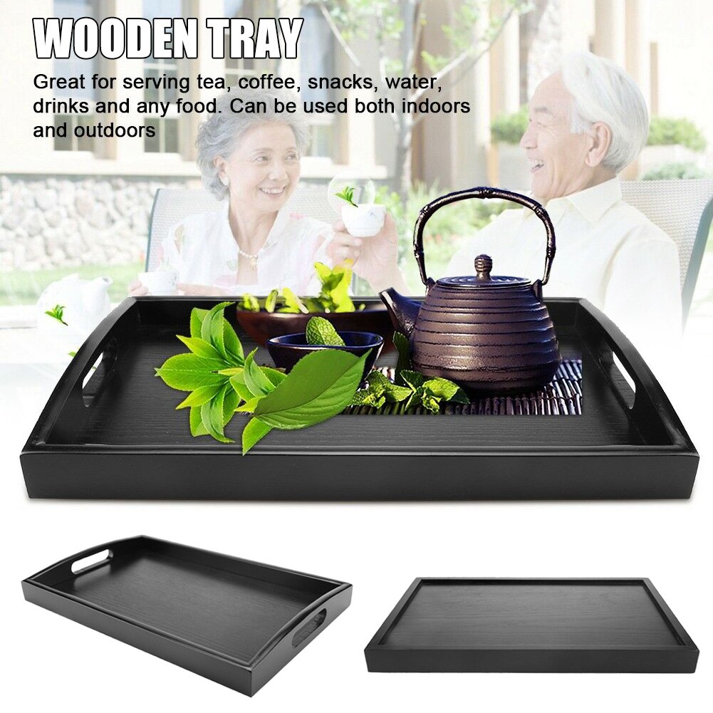Serving Tray Large Black Wood Rectangle Food Tray Butler Breakfast Trays with Handles Easy to Grip LB88