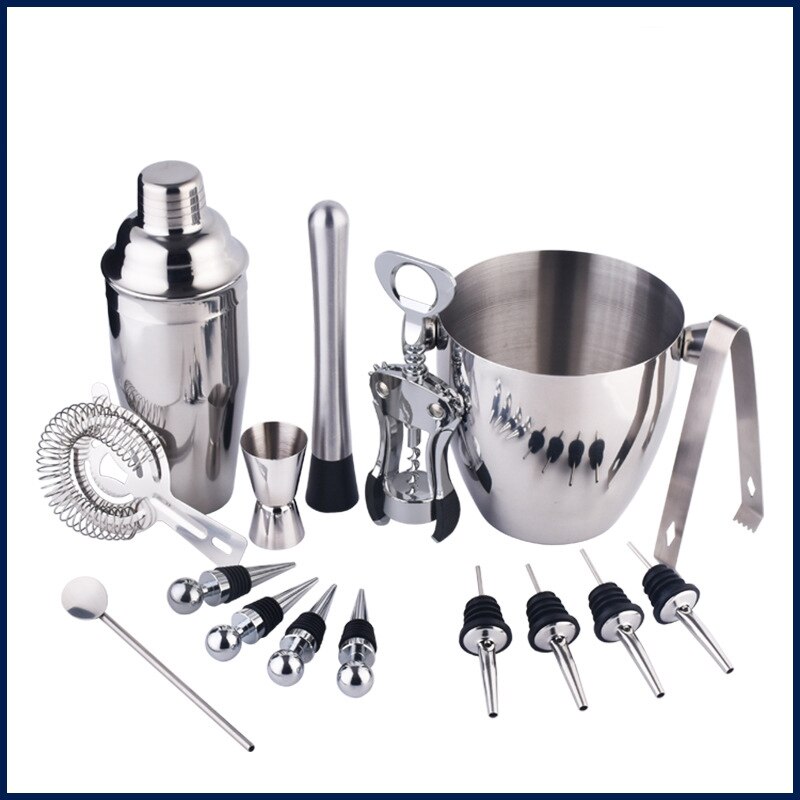 19PCS Stainless Steel Cocktail Shaker Blender Bartender Browser Kit Home Bar Bartender Setting Tool and Wine Wooden Rack Stand