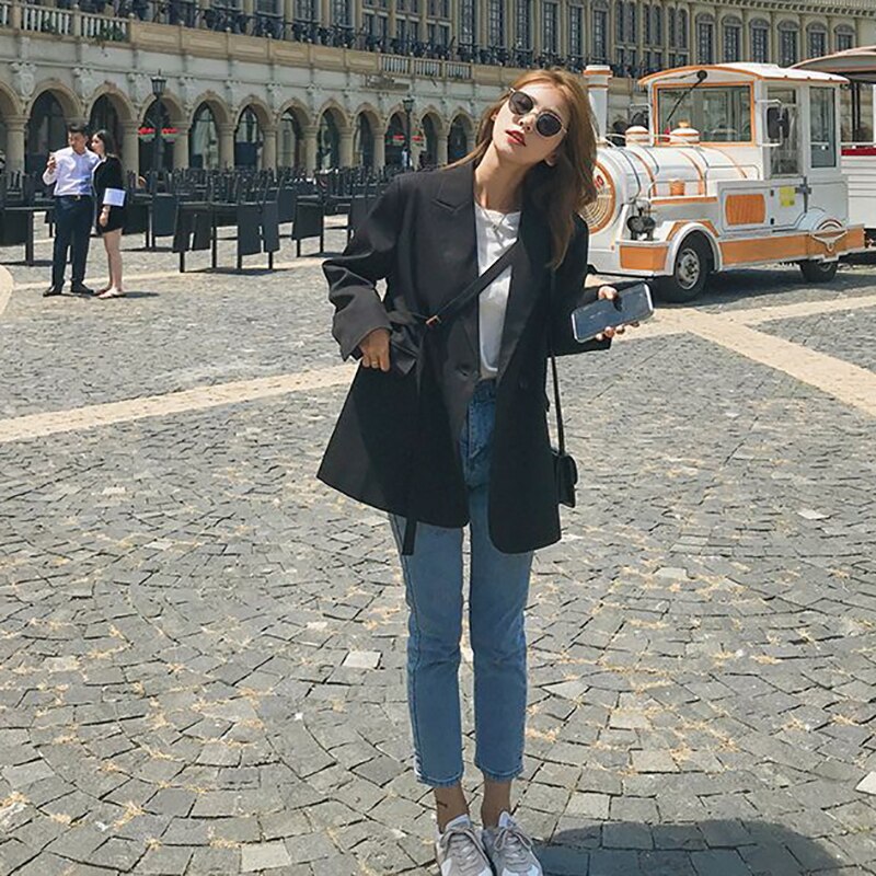 [DEAT] automne femmes Blazer manteau à manches longues revers col bureau dame sauvage en vrac solide laçage vestes TU247: Black / M