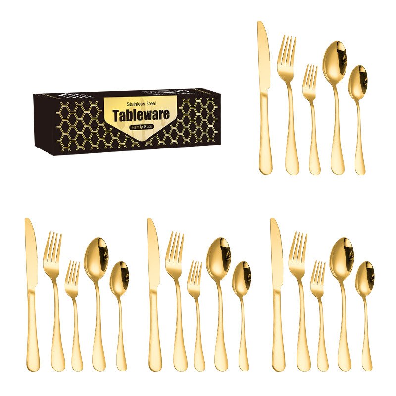 20PC Stainless Steel Cutlery, Mirror Polished Western Cutlery Set Golden Color Steak Cutlery Exquisite Cutlery Set