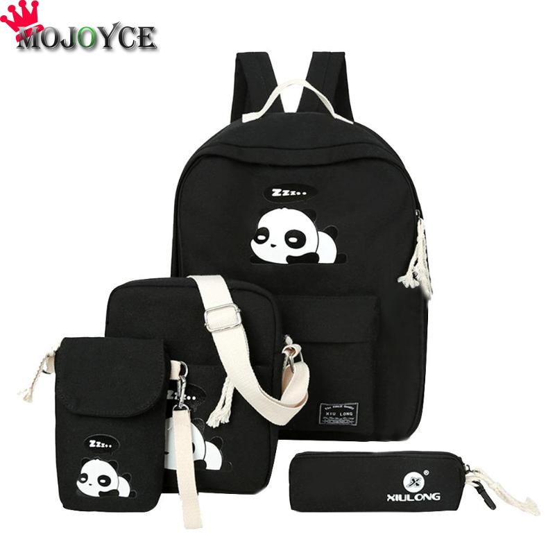 4 pçs/set bonito dos desenhos animados das mulheres panda impresso mochilas lona ombro clutch schoolbags composite sac a dos mochila feminina 2018: Black