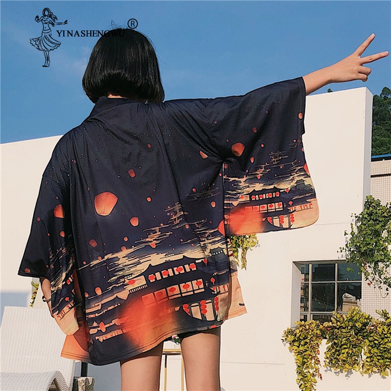 Asia Japan kimono Cosplay Costume Traditional Kimono Cardigan Casual Sleeve Loose Black Femme Japanese Kimono Women Outerwear