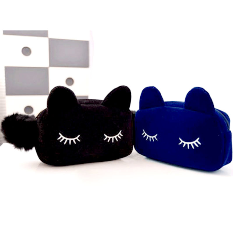 Vrouwen Cosmetische Tas Leuke Pom Pom Kat Patroon Makeup Case Vrouwelijke Organisator Tas Blauw Etui