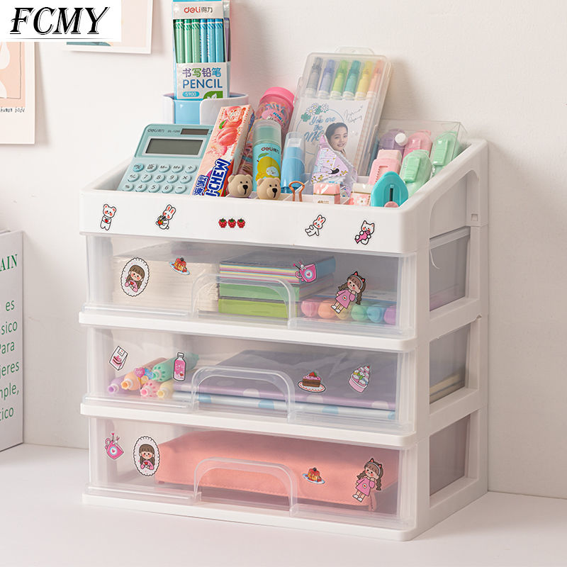 Cute Multi-storey Drawer Desktop Organizer Desk Storage Box Free Sticker home Transparent Desk Stationery office Accessories