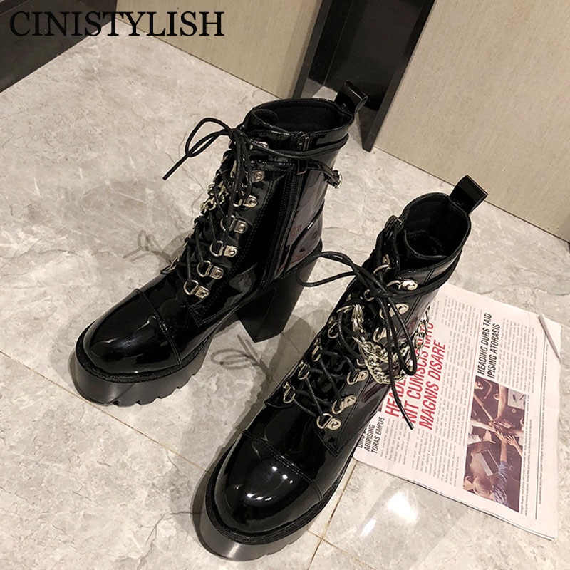 Gothique femmes bottines chaussures sur plate-forme chaîne en cuir verni femme Demonia bottes Punk Style dames hiver