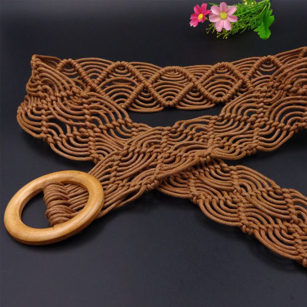 Boho stil voks reb strikket bælte rundt træspænde håndlavet flettet kvindelig linning afslappet taljebælte til kvinder