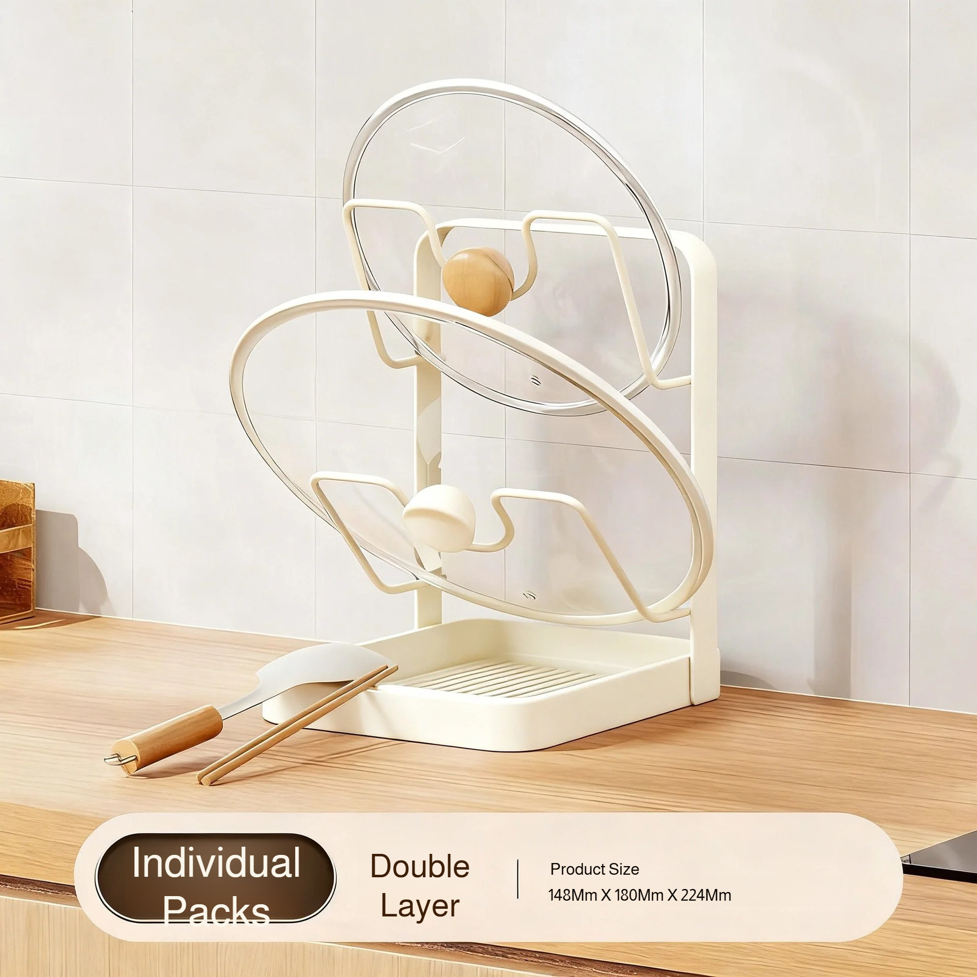 Kitchen Pot Lid Rack with Drainage Tray, Multi-functional Countertop Cutting Board Storage Rack, Space-Saving Easy to Clean: Light Black