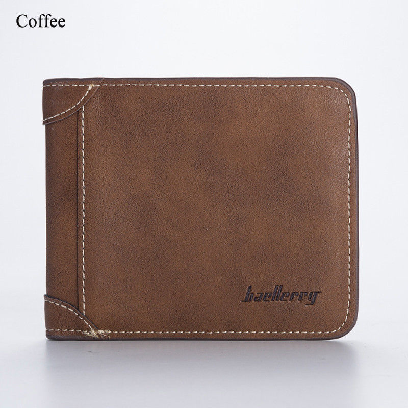 Men's classic wallet PU leather solid color three fold without zipper clutch card: Coffee