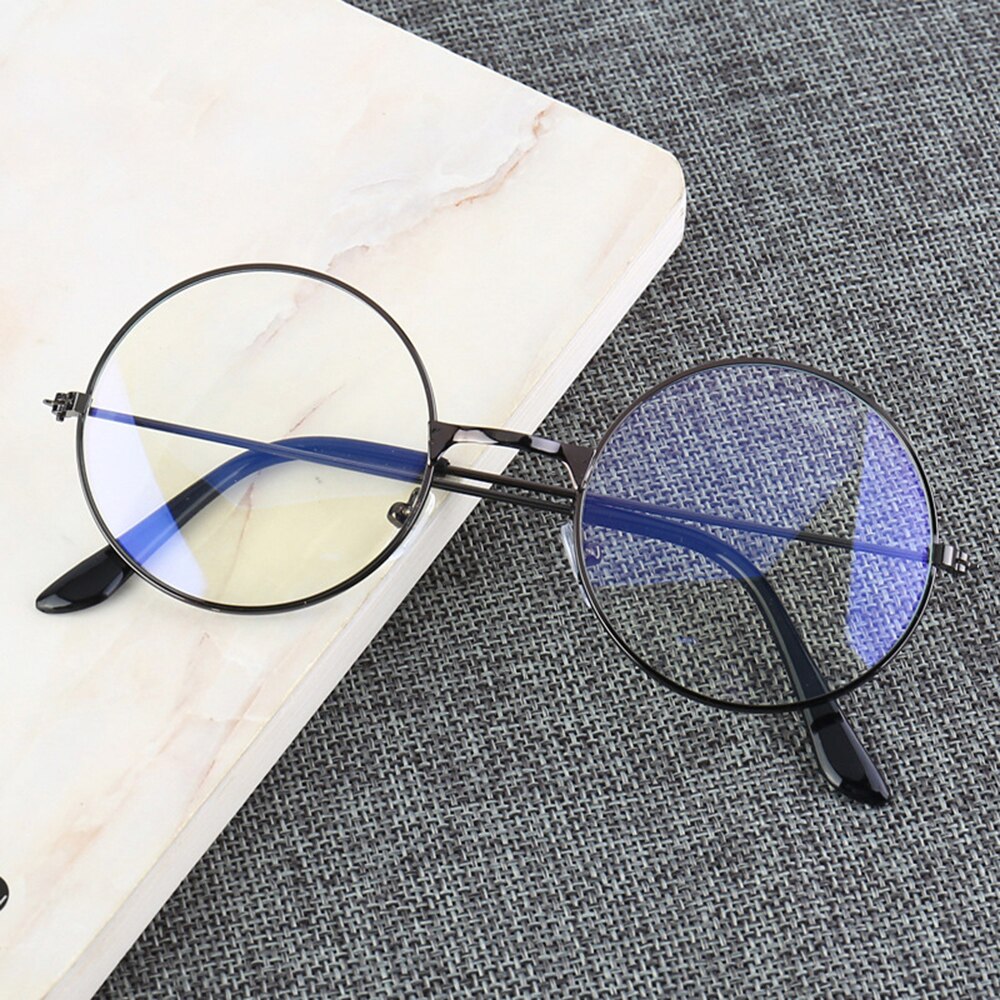 Vintage runde metalramme blåt lys blokerende personlighed klar linse briller øjenbeskyttelse anti blue ray mobiltelefon spil: Grå