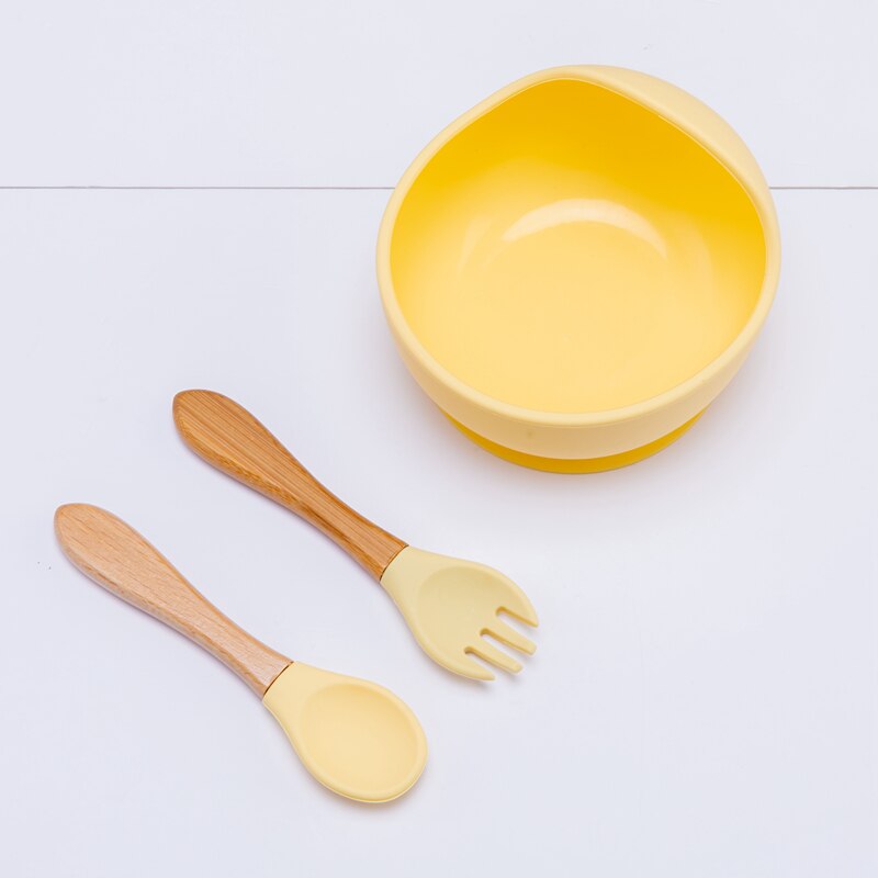 Baby Silicone Bowl Fork Spoon Straw Cup Set Silicone Bowl &amp; Spoon Learning Dishes Tableware Suction Bowl BPA Free Baby Product: 3PCS yellow