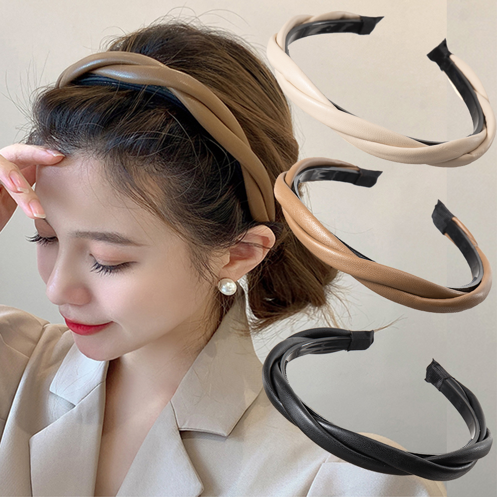 Diadema de cuero PU para mujer, turbante trenzado antideslizante, accesorios para el cabello Vintage, nueva