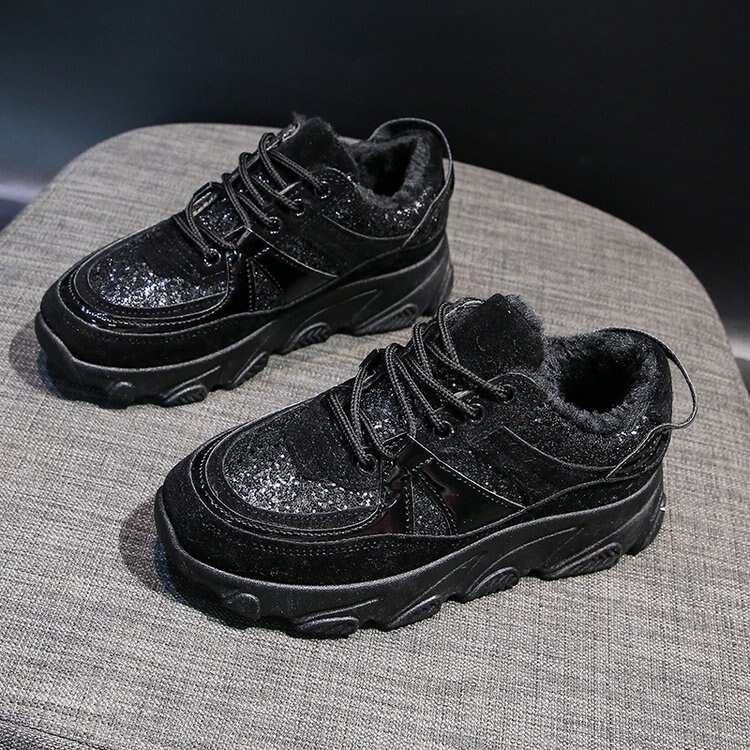 Ins super fire sneakers women Korean thick bottom student running shoes lace casual sports shoes fpr women ZZ-250: Black plus velvet / 6