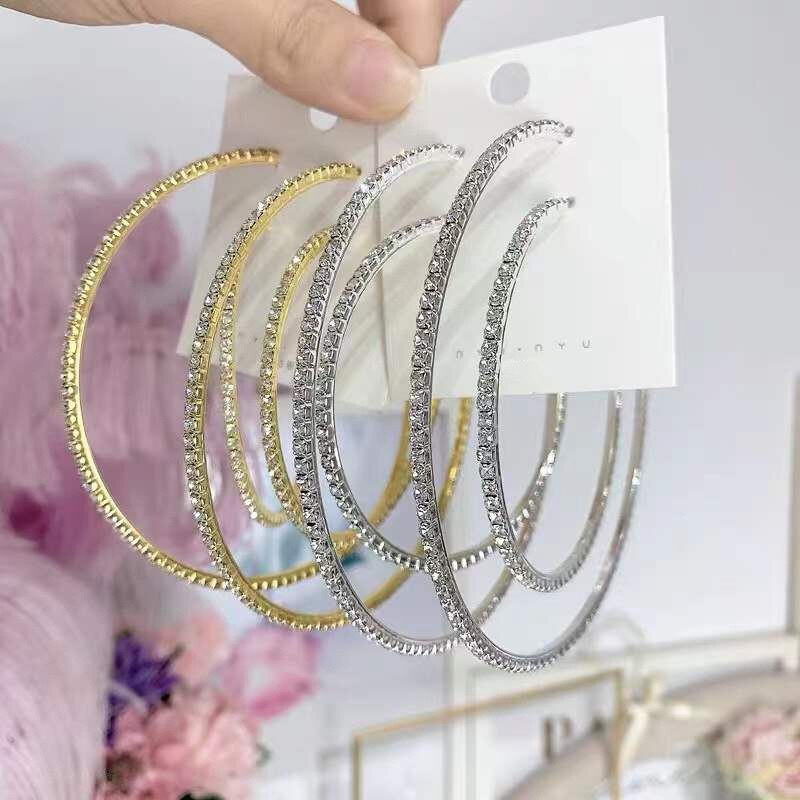Brincos de argola grandes de 30-80mm para mulheres, meninas, círculo, cristal, strass, preto, dourado, prata, cor redonda, presente de festa